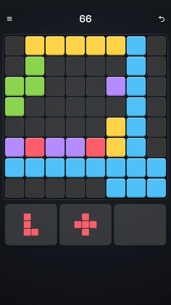 A shape held over the grid; the row and column it would complete are tinted in its colour.