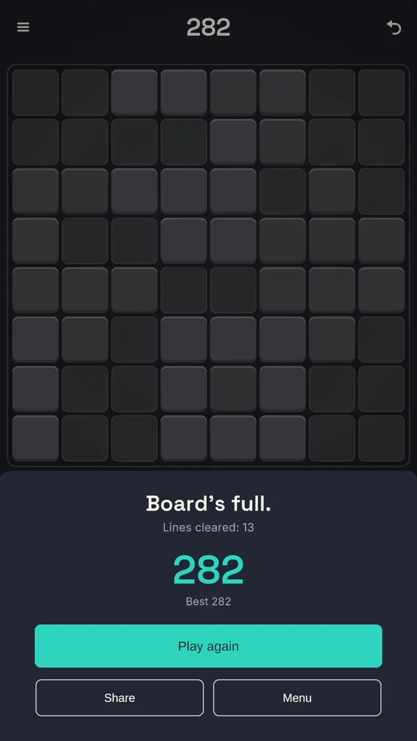 The “Board’s full.” sheet with the score, the best score and a Play again button.