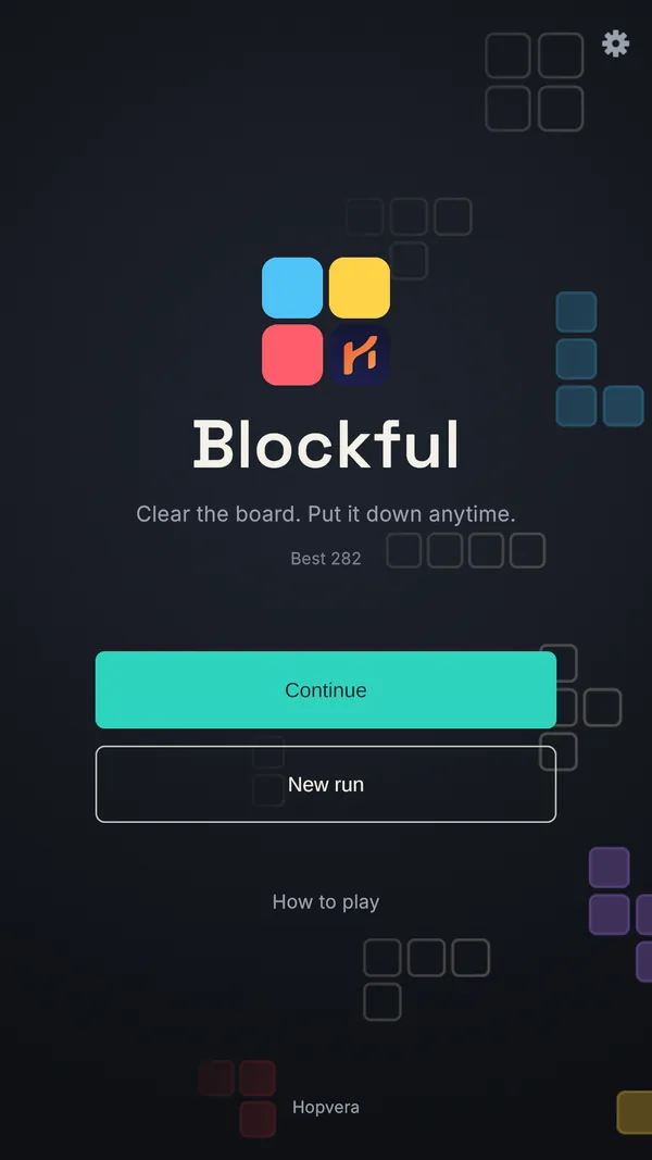 The Blockful menu with Continue, New run and How to play.