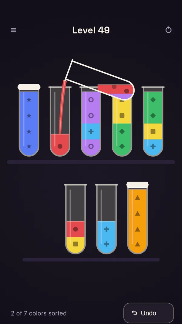 A Glassful level: a tipped tube pours a red stream into an empty tube, on a dark plum background.