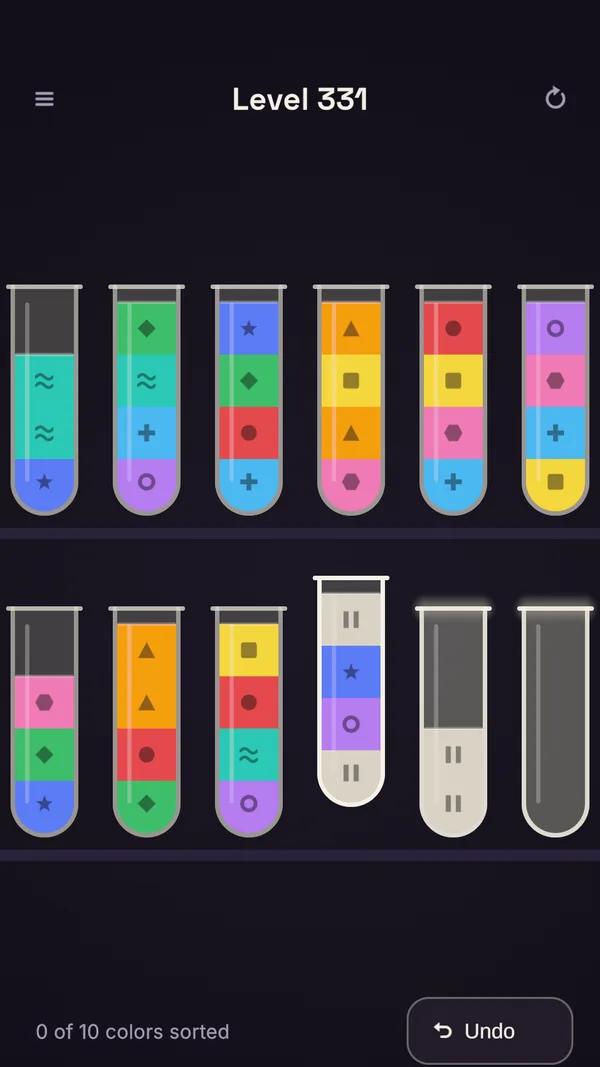 Twelve tubes with ten colors, each layer marked with its own symbol: circle, star, wave, bars and more.