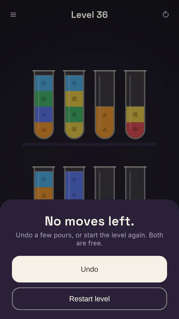 The “No moves left” sheet with Undo and Restart level buttons.