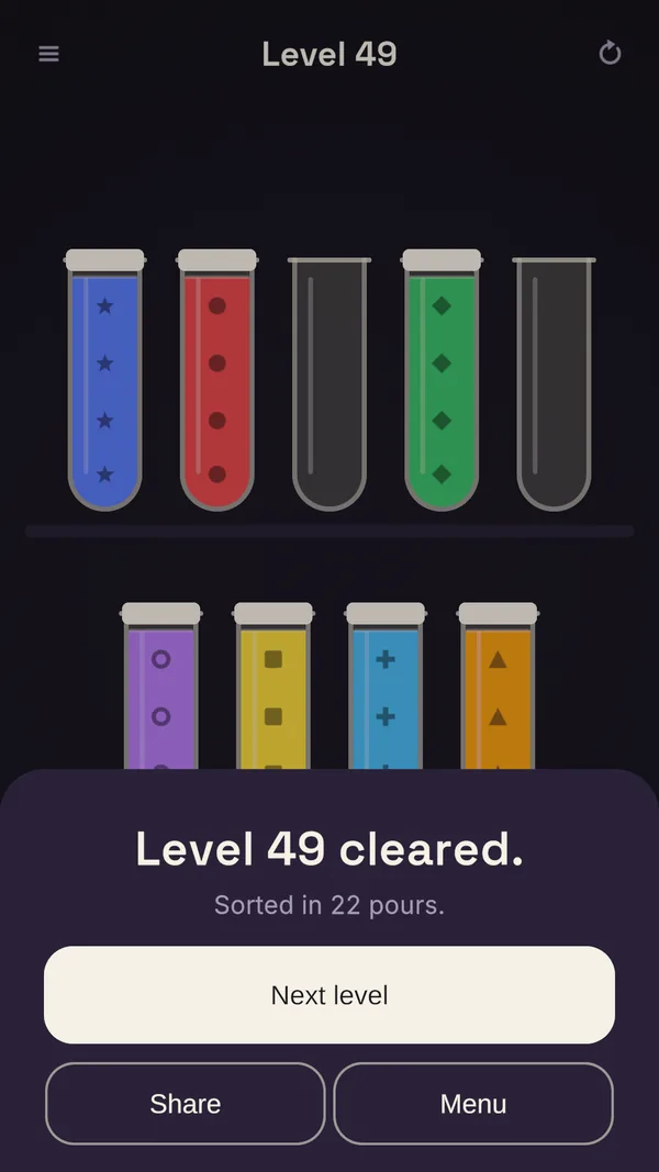 Capped, sorted tubes and the “Level 49 cleared. Sorted in 22 pours.” sheet.