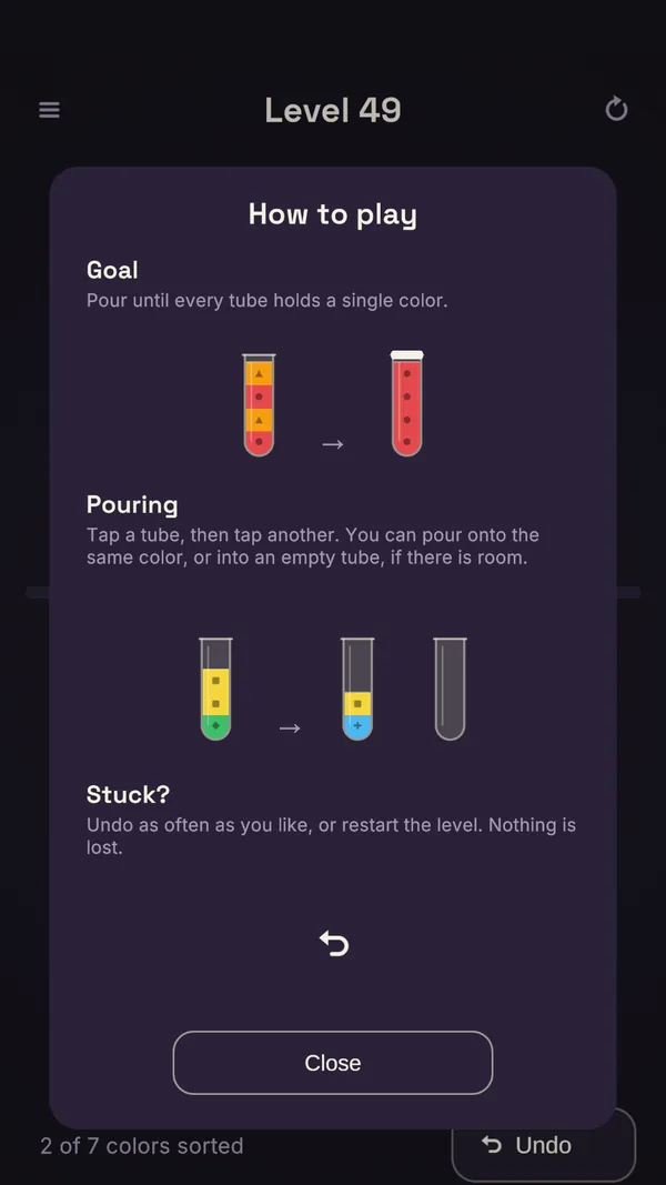 The How to play guide: goal, pouring, and what to do when stuck.
