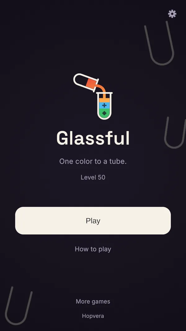 The Glassful menu with the pour icon, the current level, Play and How to play.