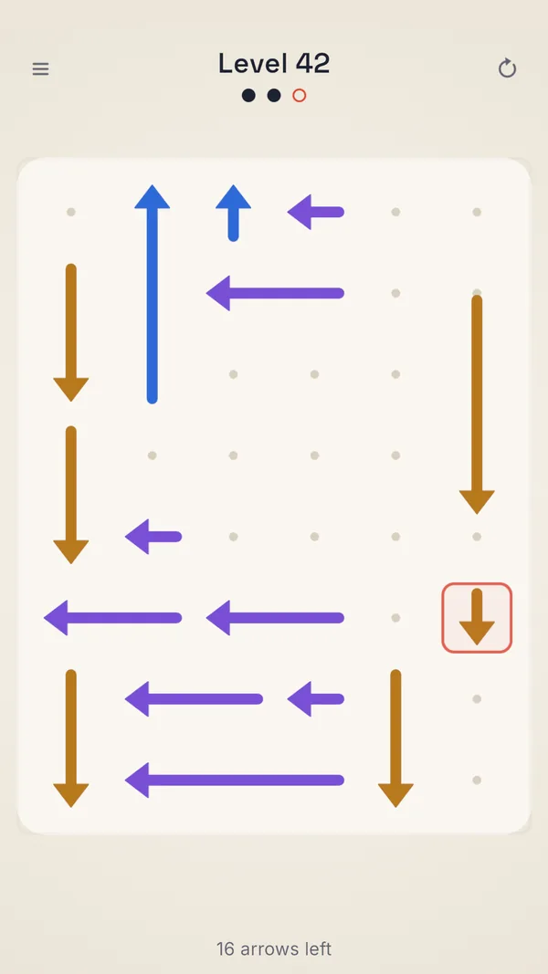 A blocked arrow bumping into another one, outlined in coral, with one of three miss dots used.
