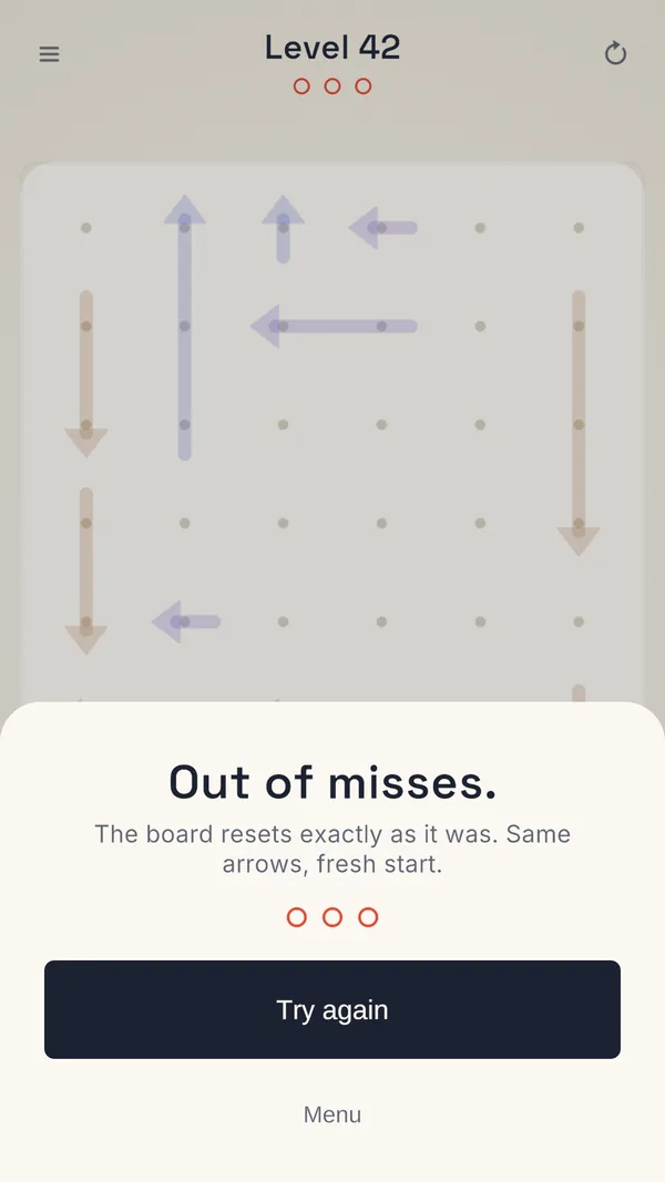 The “Out of misses” sheet with a Try again button.