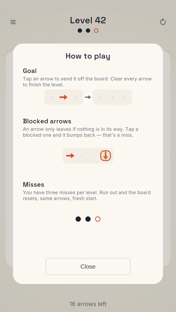 The How to play guide: goal, blocked arrows and misses.